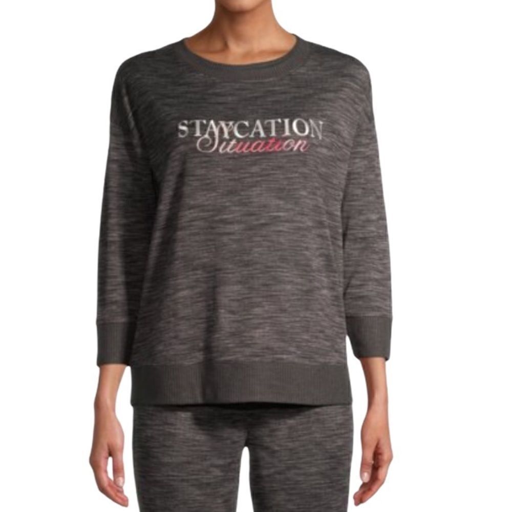 NWT Womens Top Lounge Pajama Sleep Staycation Situation Embroidered Gray Soft